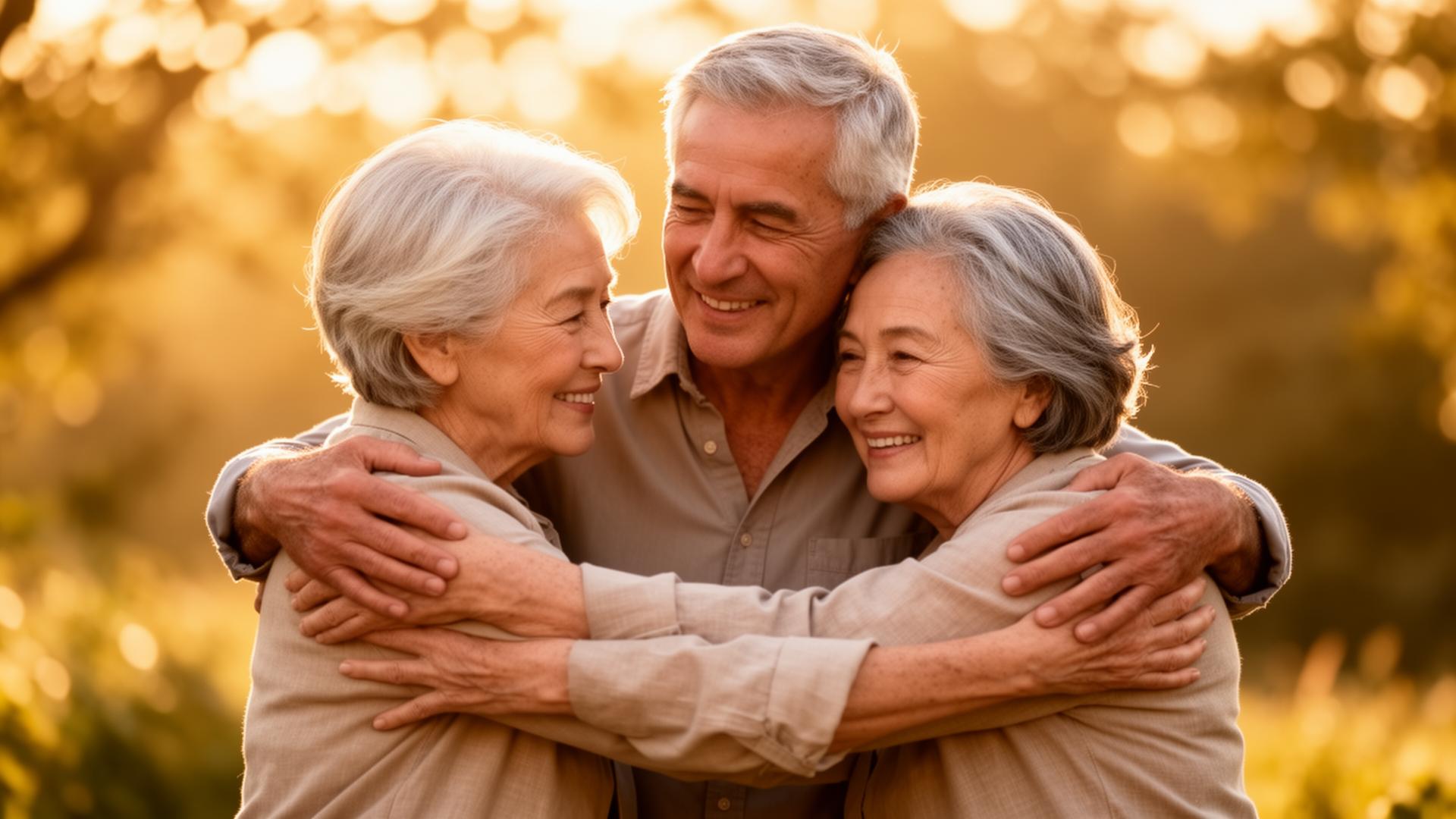 Three generations of family hugging at sunset